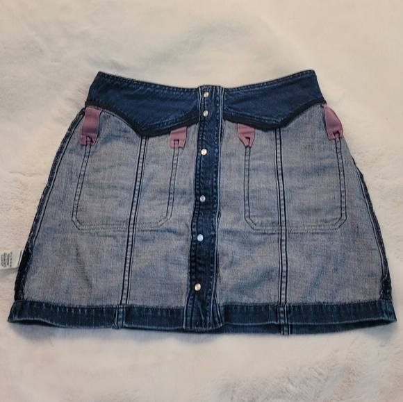 Free People Come A Little Closer Denim Skirt Front Button with Chevron Pockets - Picture 14 of 16